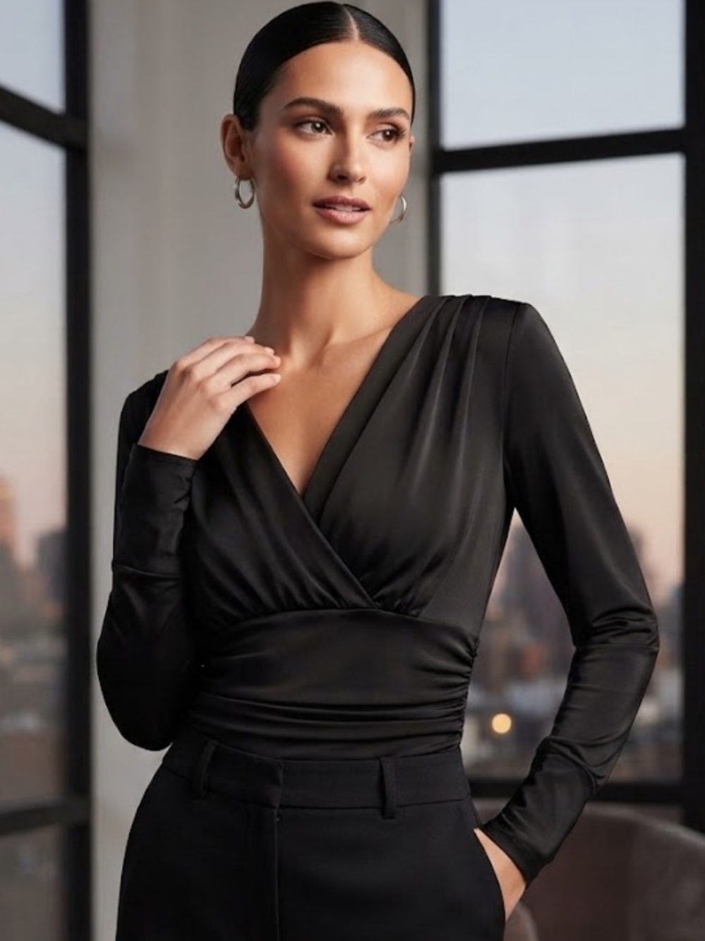CACHÉ Y2K Draped V-Neck Long Sleeve Ruching Statement Blouse gray S